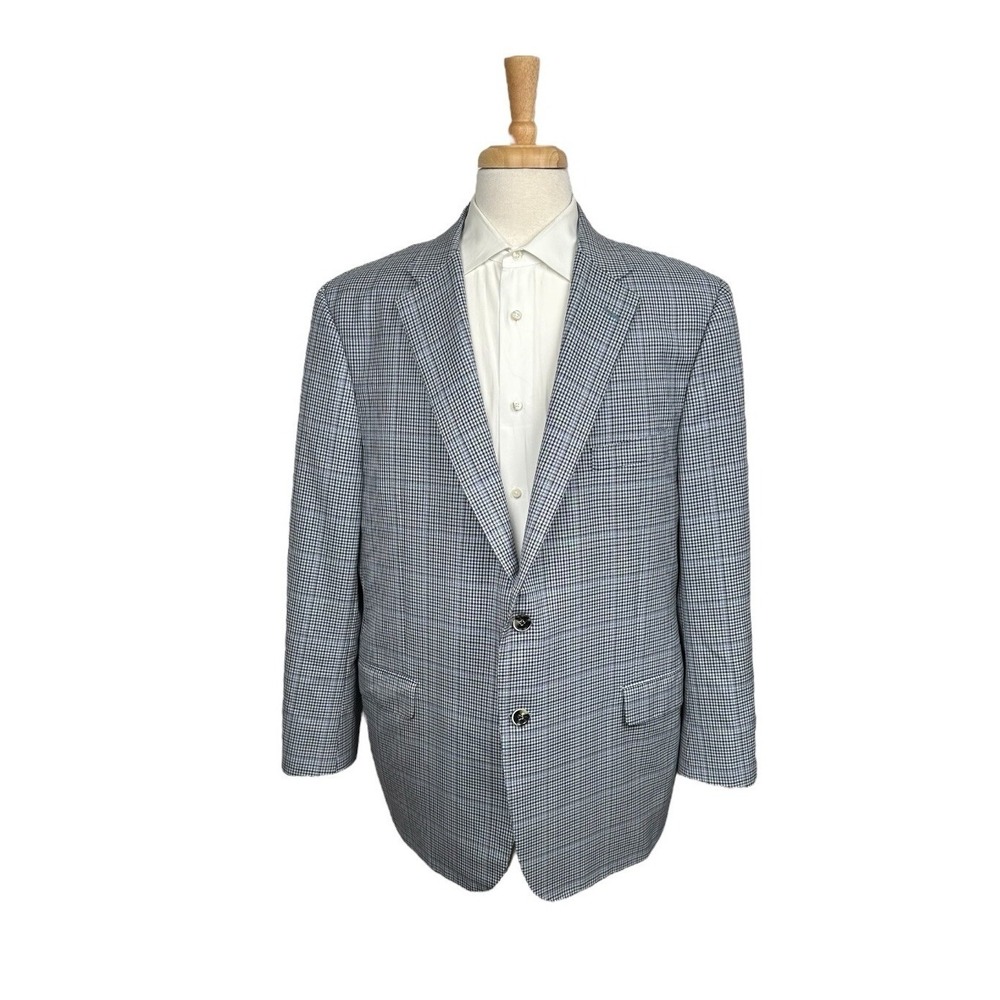 Hickey Freeman Current Beacon Gray Navy Houstooth Check Wool Blazer‎ Size 48R